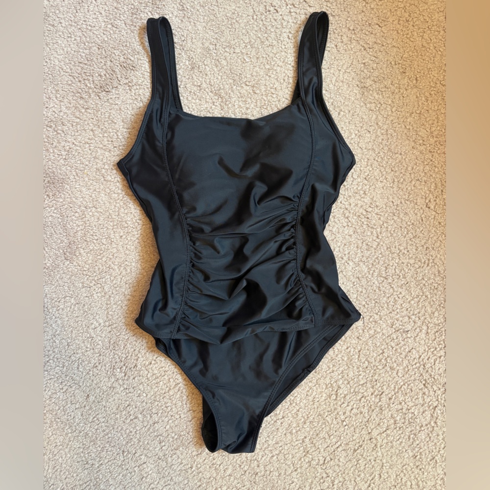 Women’s Black Ruched One-Piece Swimsuit, Size 6